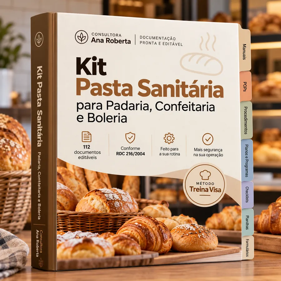 Kit Pasta Sanitária para Padaria, Confeitaria e Boleria, com divisórias de Manuais, POPs, Procedimentos, Planos, Checklists, Planilhas e Formulários